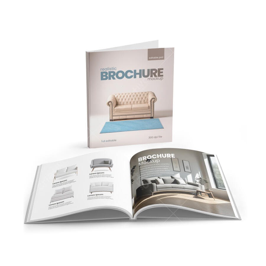 Mockup Realista de Brochura e Catálogo Moderno com Sofás em Fundo Branco