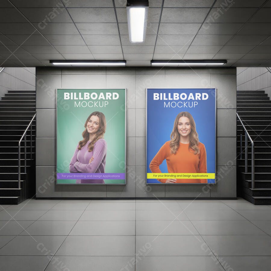 Mockup de Painel Publicitário Duplo em Estação de Metrô Urbana Realista
