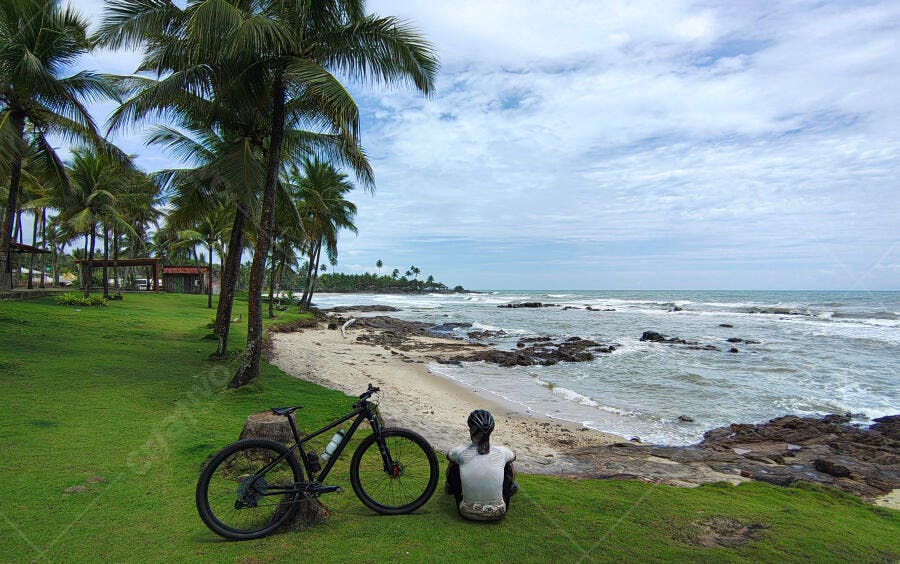 Ciclista com bicicleta olhando mar azul e coqueiros em praia tropical