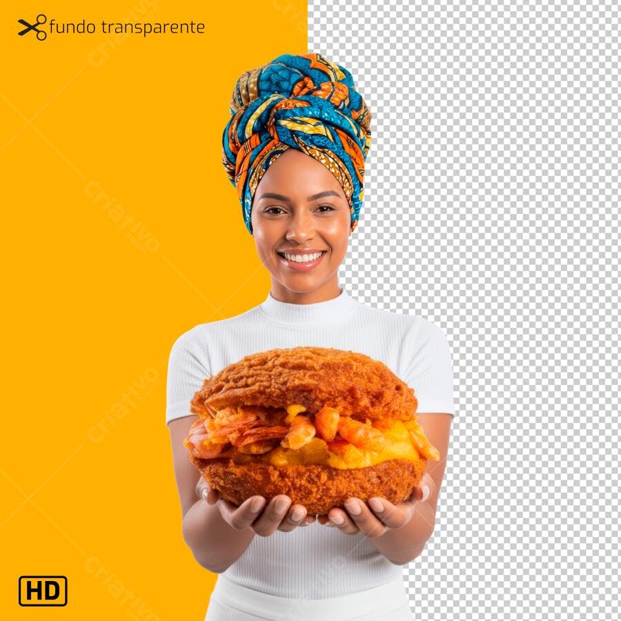 Foto Mulher Negra Feliz com Acarajé Camarão Comida de Rua Turbante PNG com fundo transparente