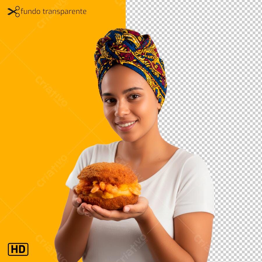 Post Instagram Mulher afro-brasileira com turbante segurando sanduíche de camarão PNG com fundo transparente