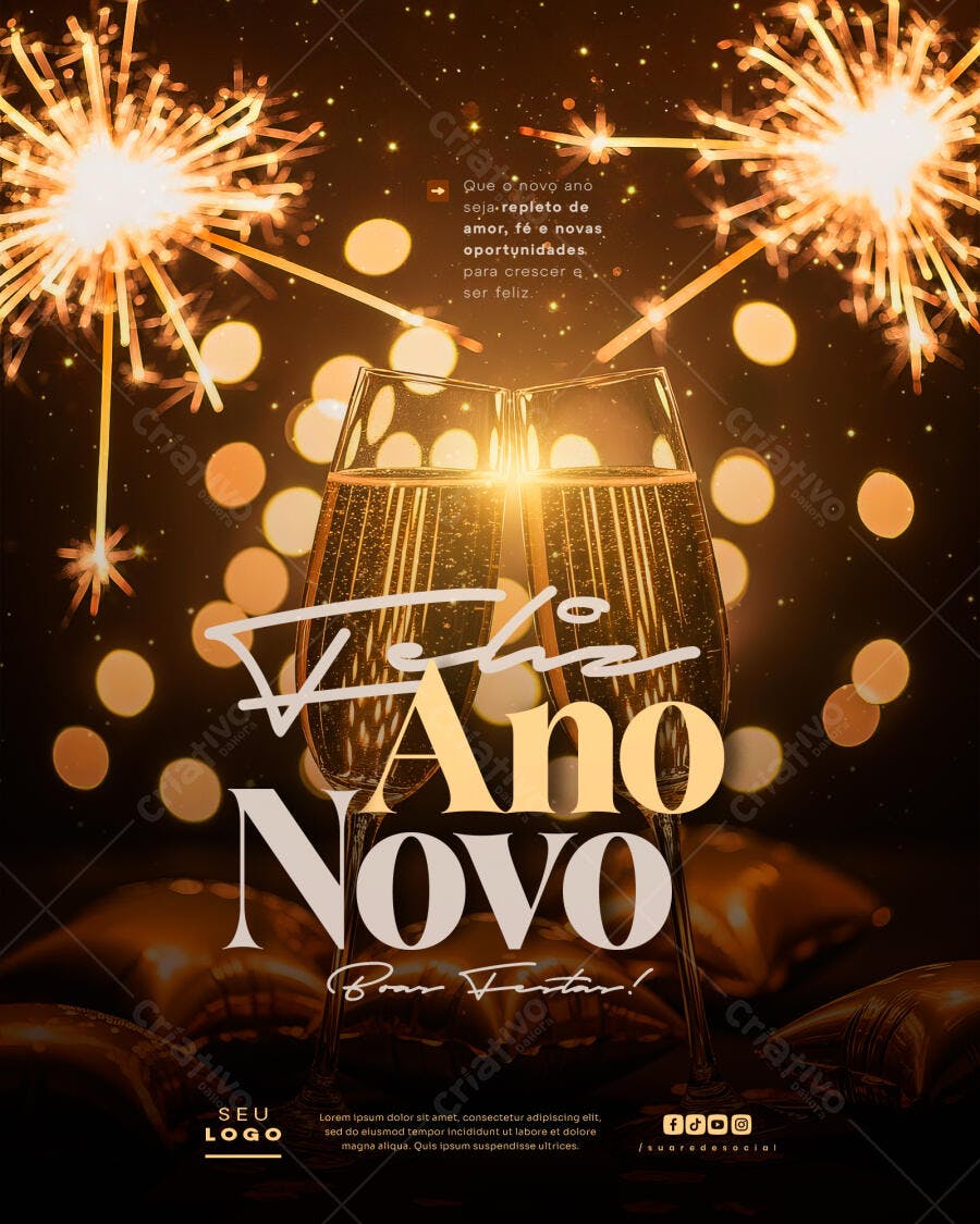 Post para Redes Sociais Feliz Ano Novo com Taças Douradas PSD Editável