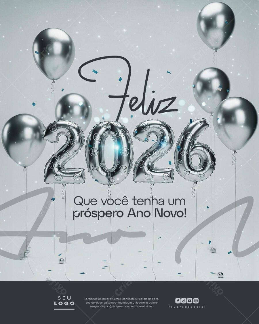 Flyer de Ano Novo 2026 Celebração Balões Prateados PSD Editável