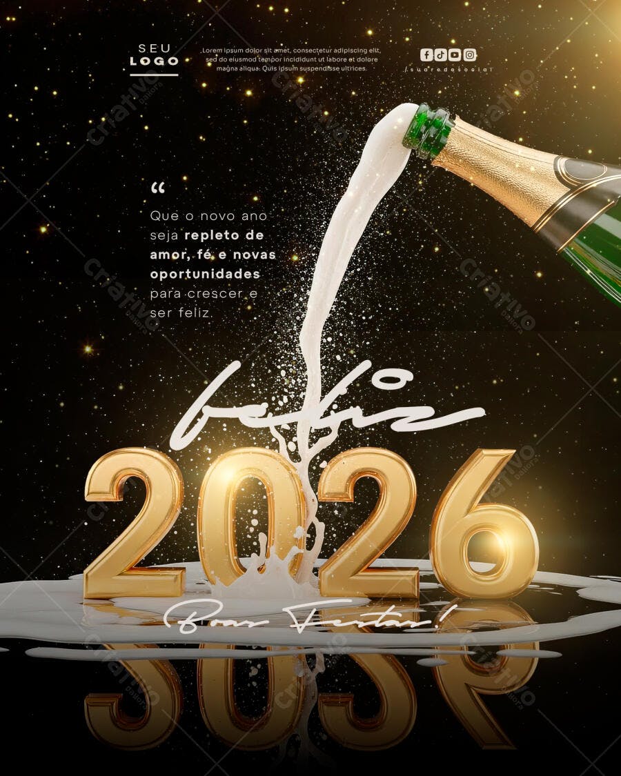 Flyer para Ano Novo 2026 com Champanhe Dourado PSD Editável