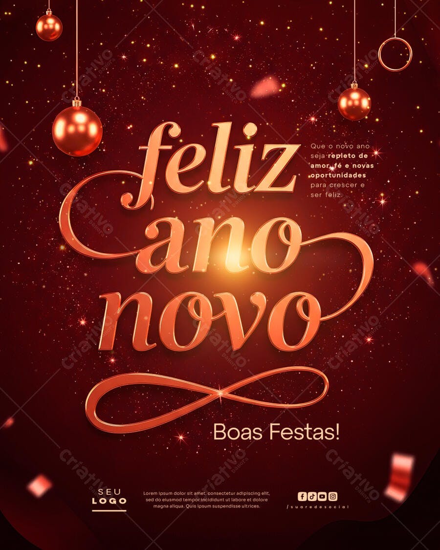 Flyer Feliz Ano Novo Boas Festas Dourado Vermelho PSD Editável