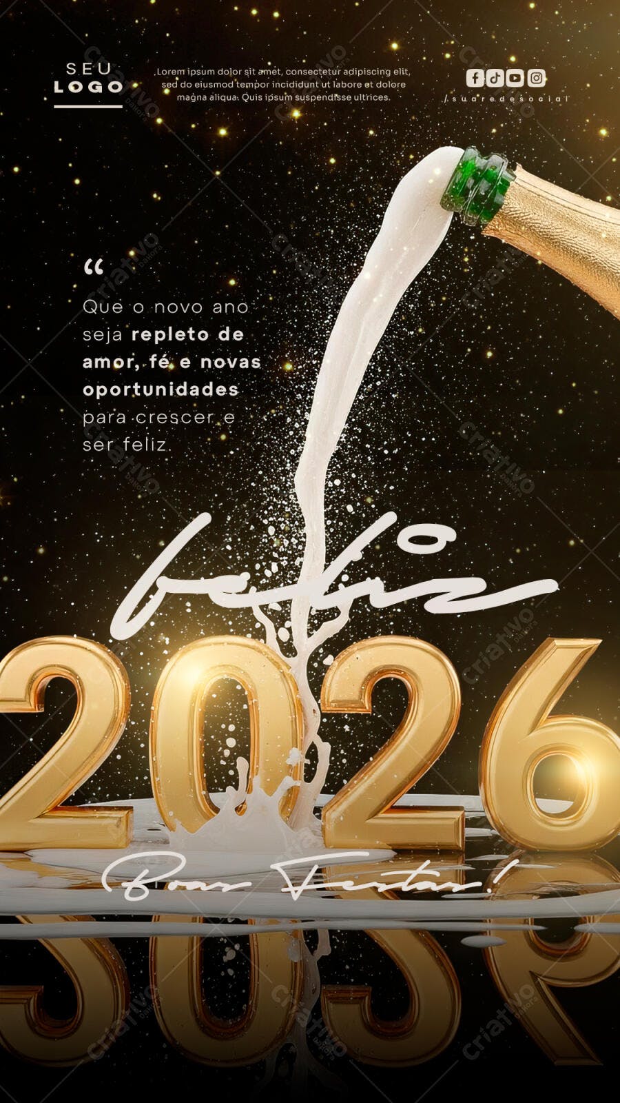 Flyer Ano Novo 2026 Feliz Boas Festas Champanhe Dourado Brilhante PSD Editável