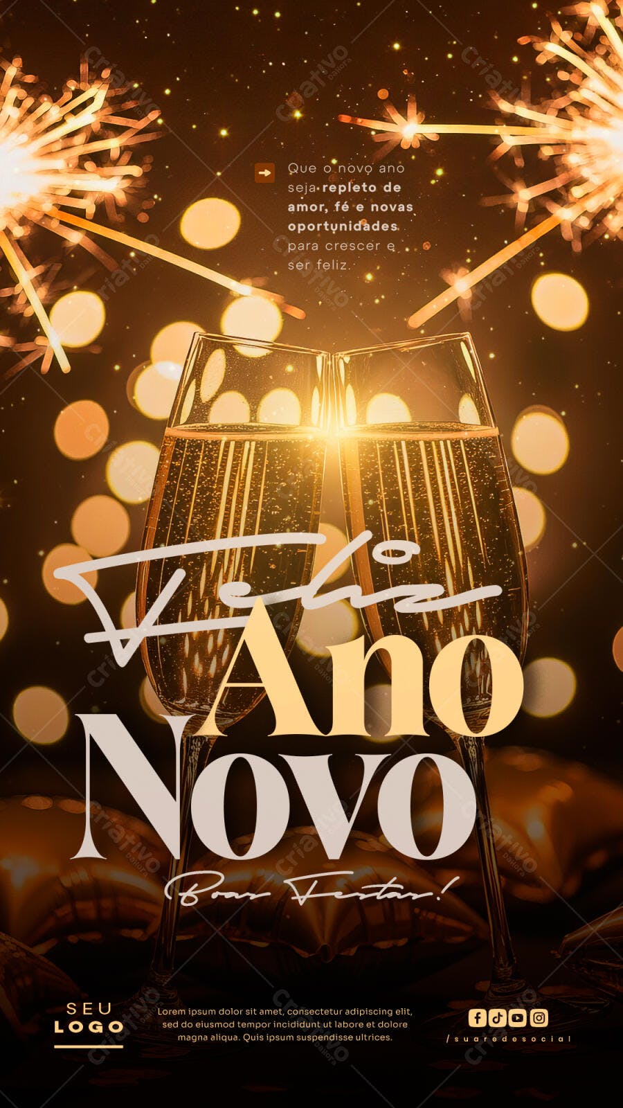 Flyer Feliz Ano Novo Champanhe Faíscas PSD Editável
