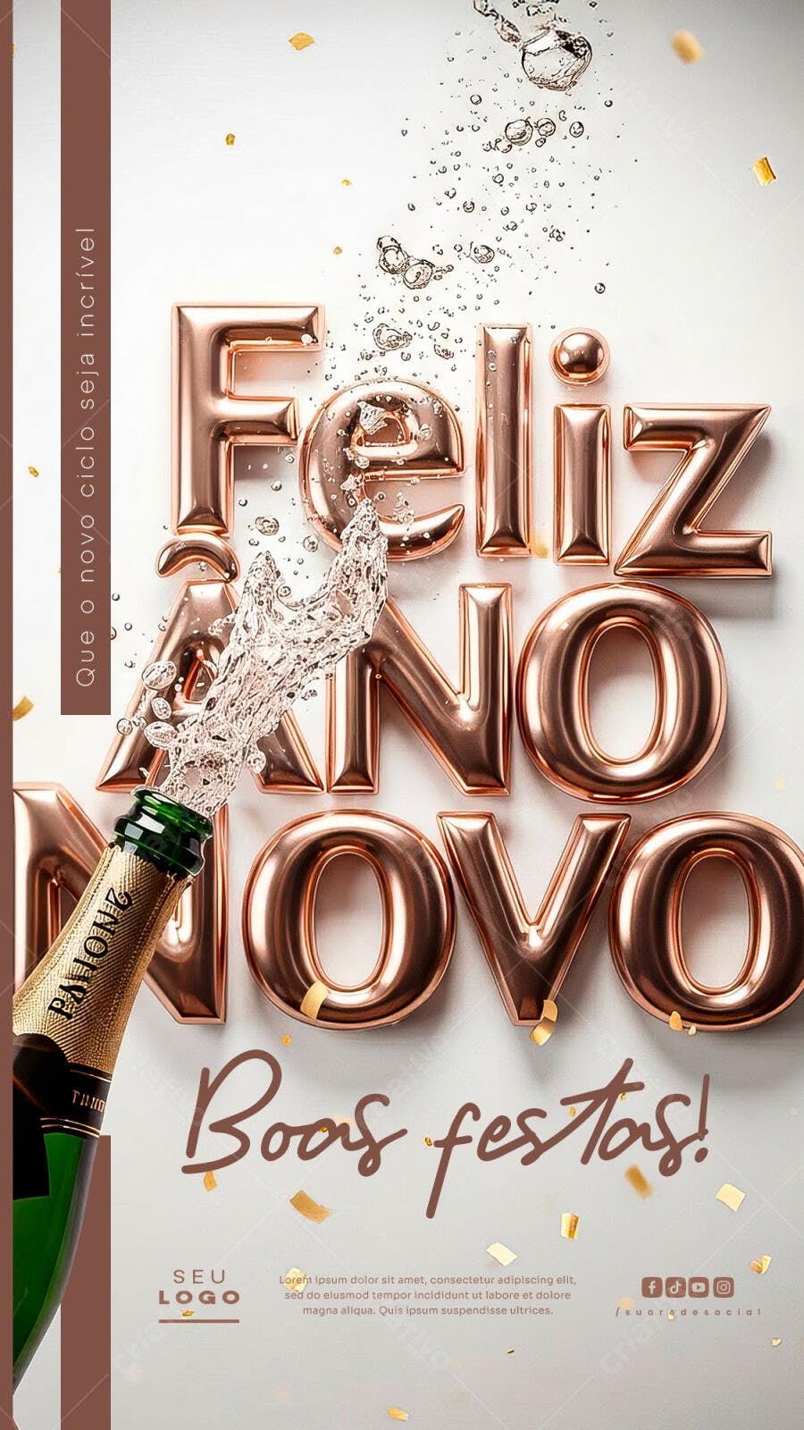 Flyer Digital Feliz Ano Novo Champagne Rose Gold PSD Editável