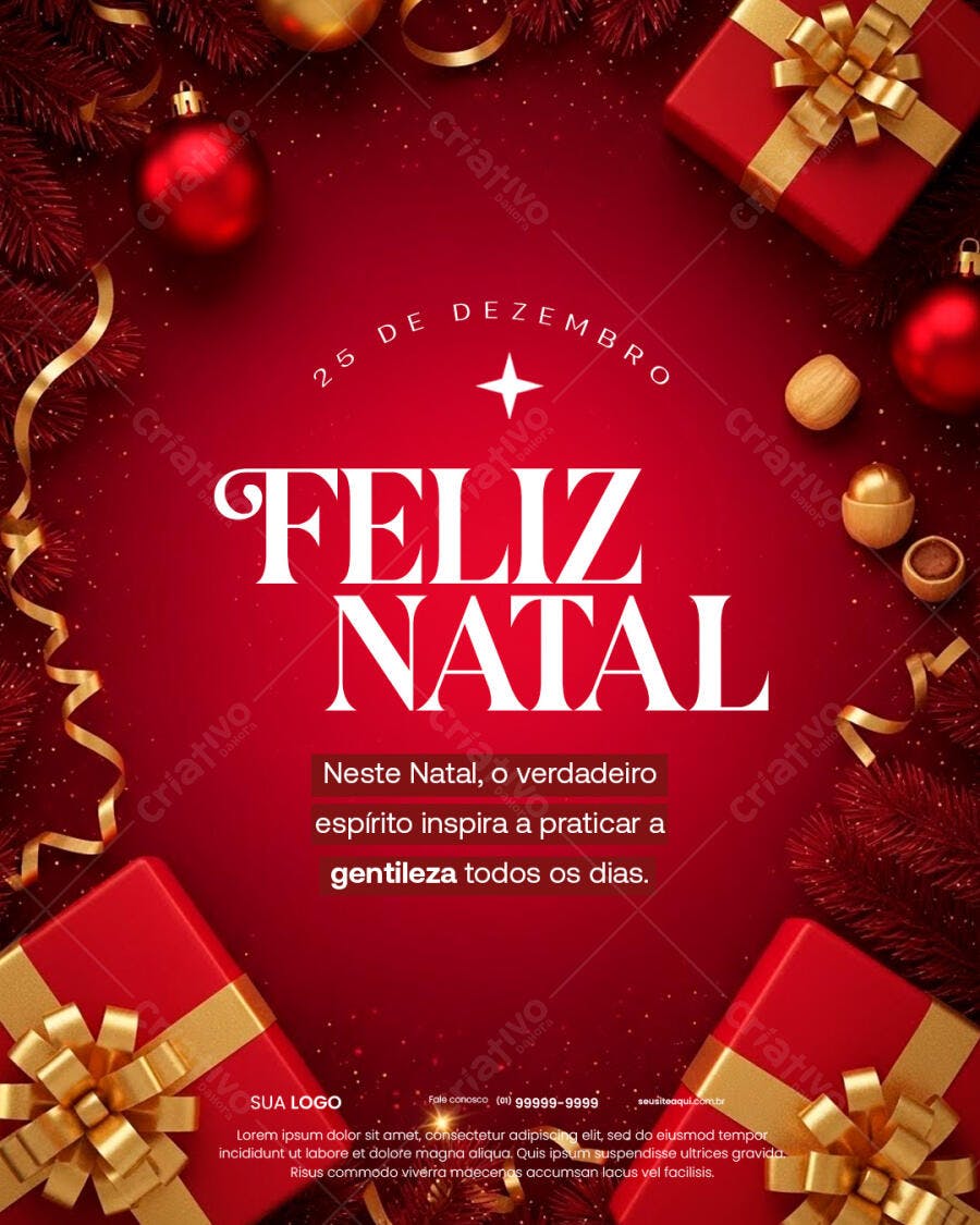 Flyer Feliz Natal Vermelho Dourado Presentes PSD Editável