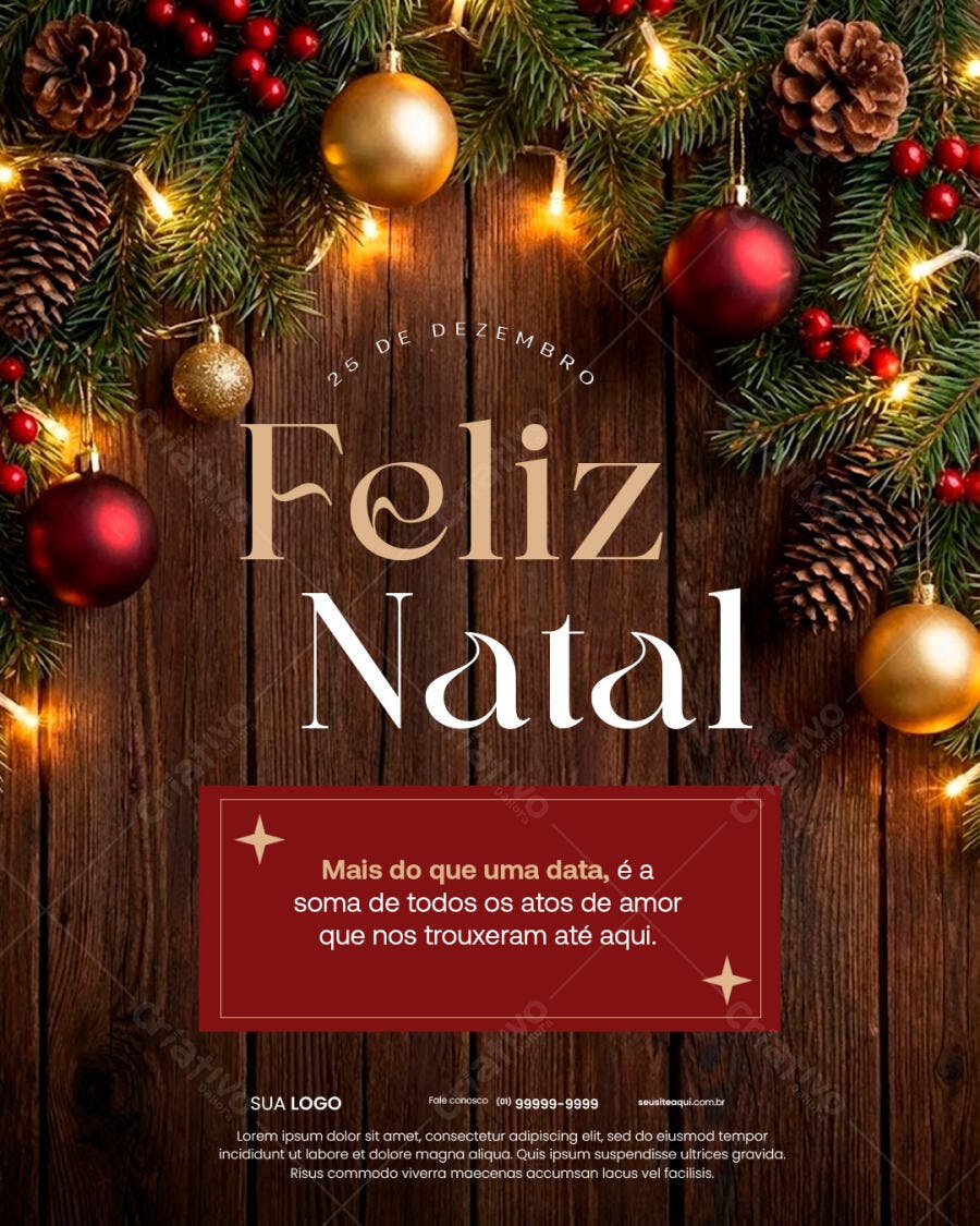 Flyer Feliz Natal Madeira Pinhas Bolas Luzes Douradas PSD Editável