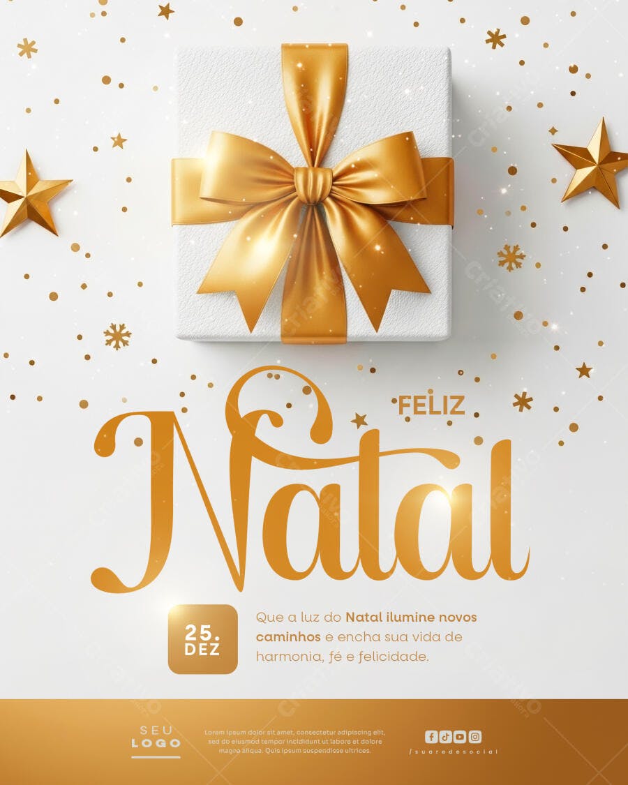 Flyer Feliz Natal com Presente Dourado PSD Editável