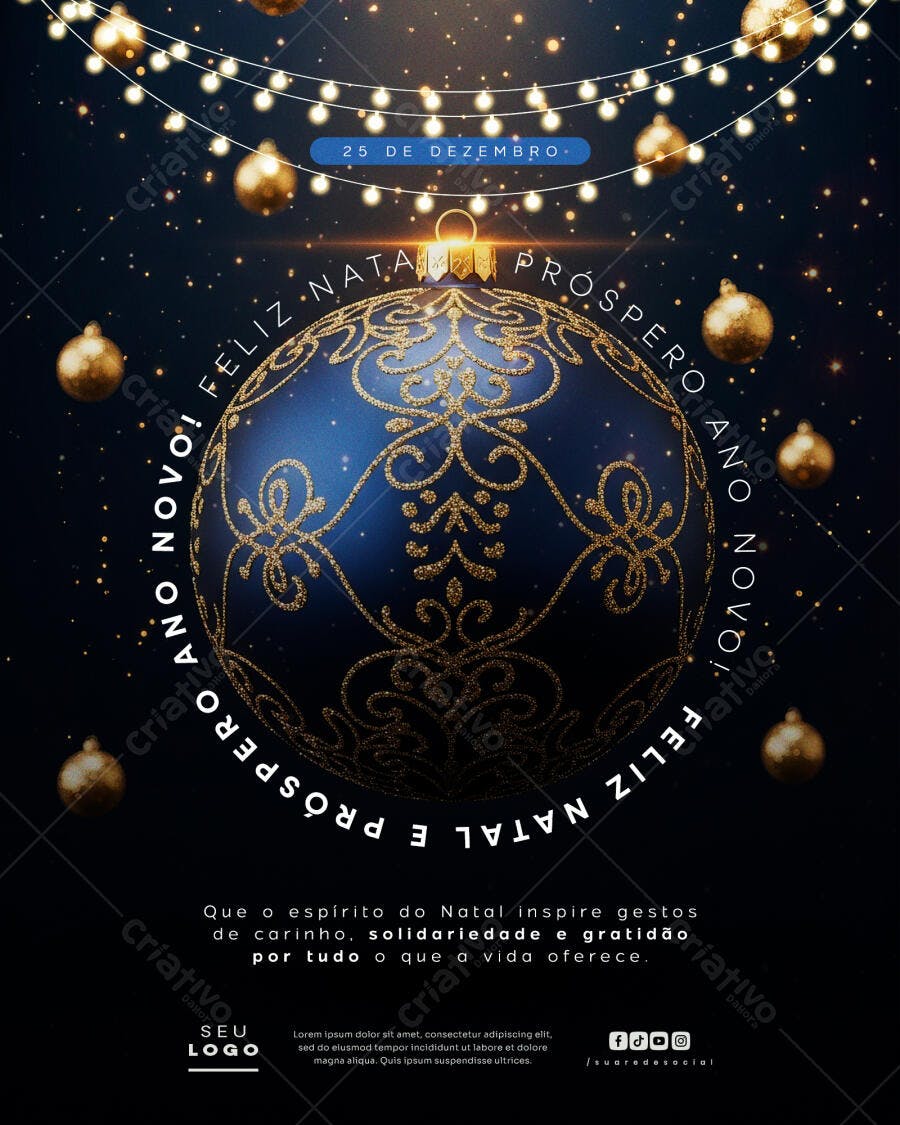 Flyer Natal e Ano Novo Feliz Próspero Elegante Bola Dourada PSD Editável