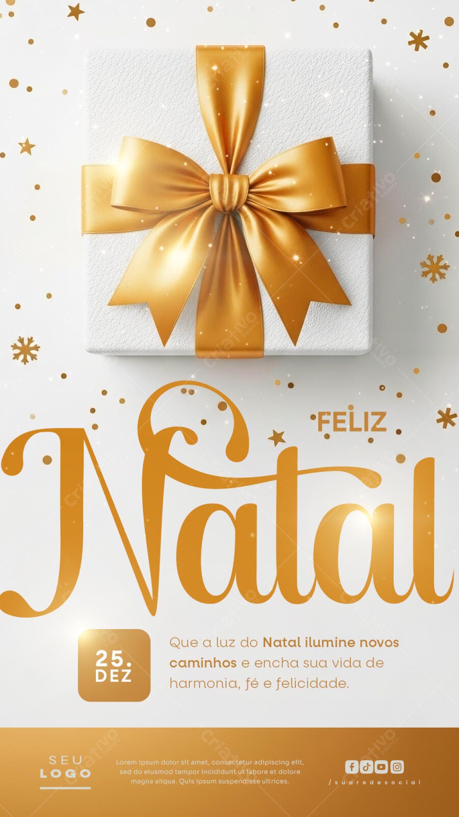 Cartão de Natal Feliz Natal Laço Dourado PSD Editável