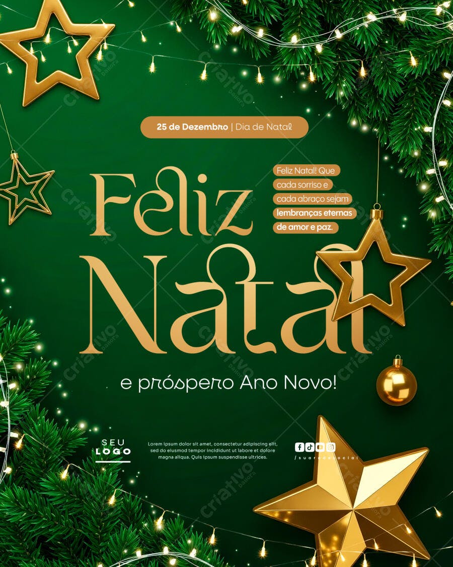 Flyer Natal e Ano Novo com Mensagem "Feliz Natal" Estrelas Douradas PSD Editável