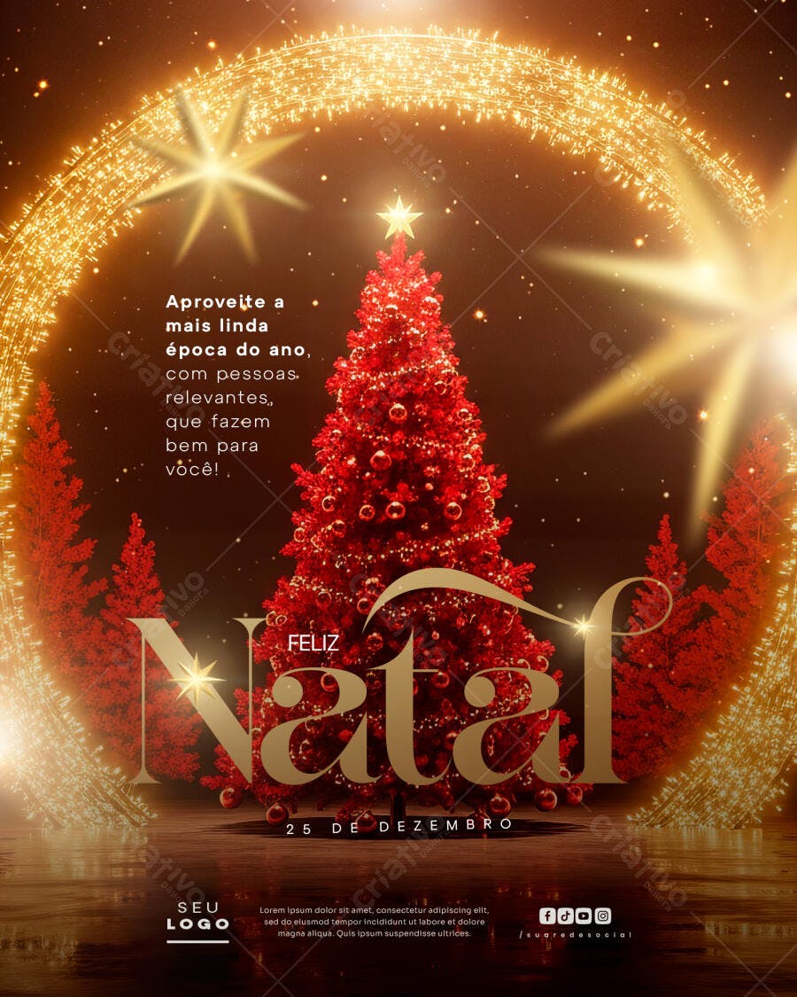 Flyer Feliz Natal com Árvore Vermelha e Estrelas Douradas PSD Editável