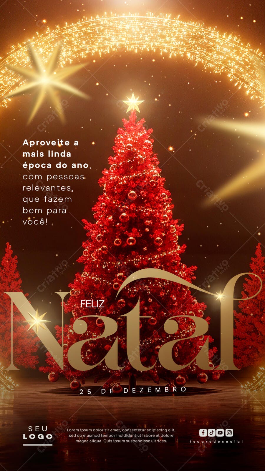 Story Instagram Feliz Natal Árvore Vermelha Dourada PSD Editável