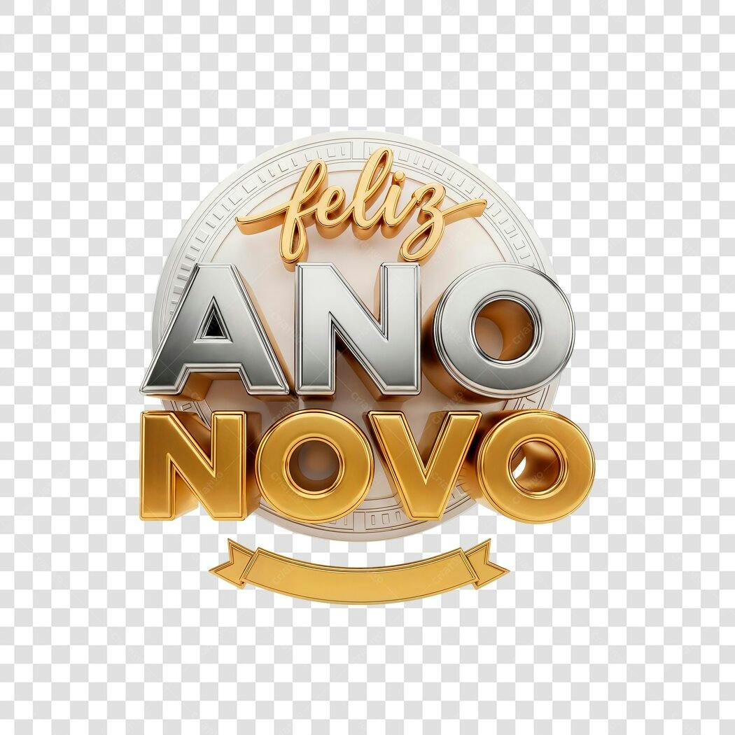 Post Instagram Feliz Ano Novo 3D Dourado Prateado PNG com fundo transparente