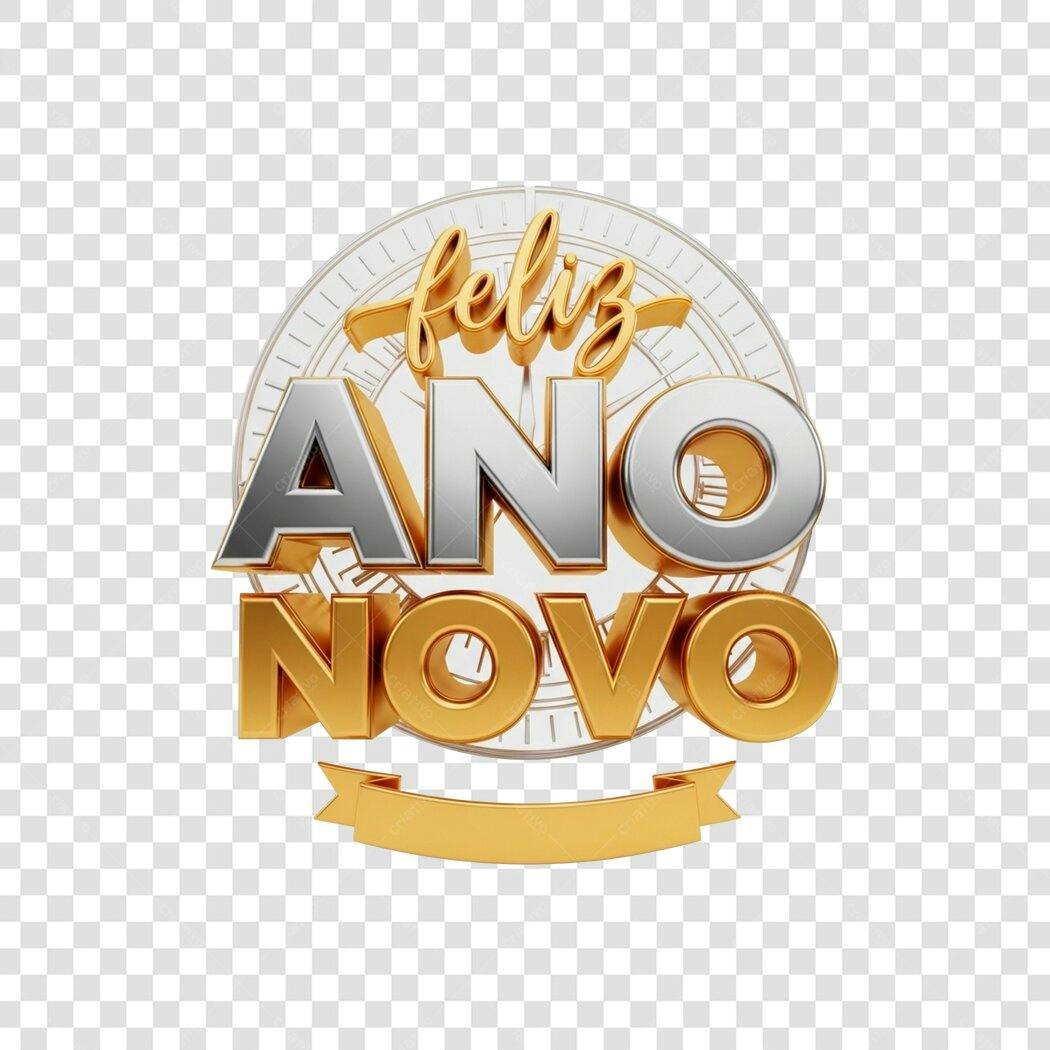 Título Celebração Ano Novo Feliz Dourado Prata 3D PNG com fundo transparente