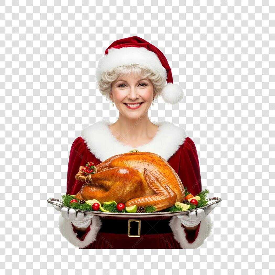 Mulher Mamãe Noel Sorridente com Peru de Natal para Posts PNG com fundo transparente