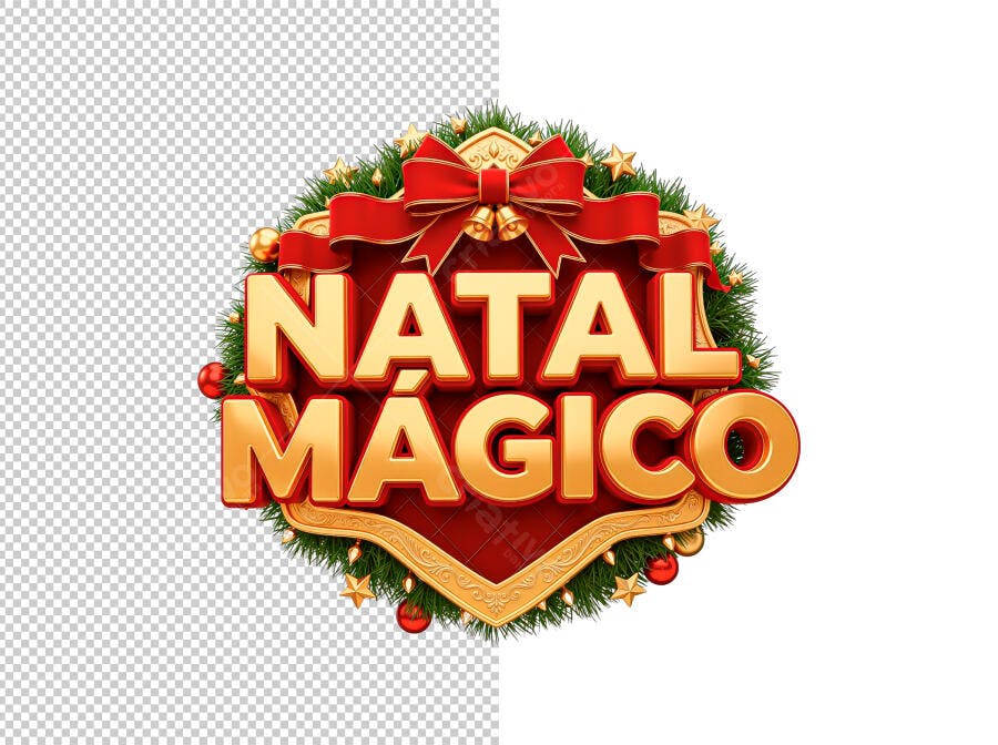 Selo 3D temático Natal Mágico festivo dourado vermelho verde com laço e estrelas
