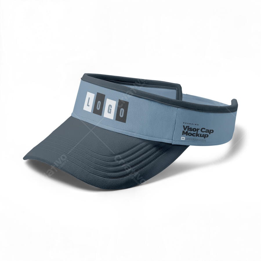 Mockup Realista de Boné de Viseira Esportivo Cinza e Azul em Fundo Branco