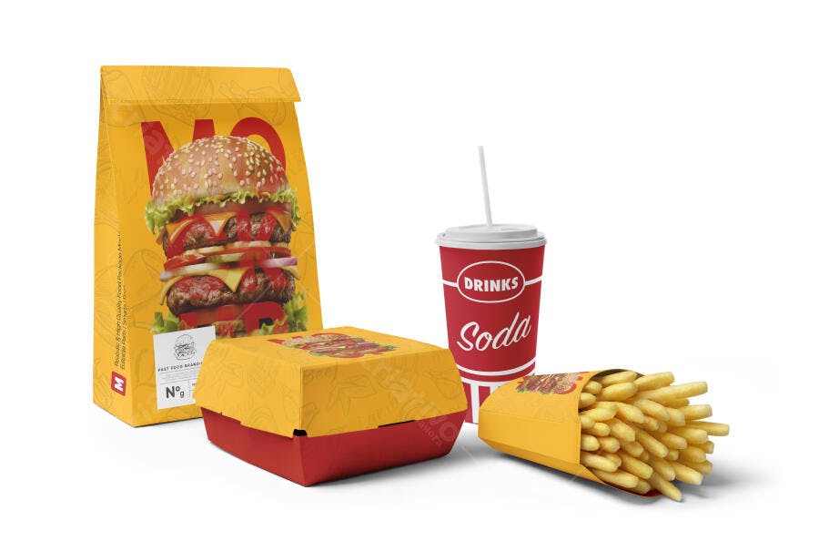 Mockup Realista de Embalagens Fast Food Burger Batata Frita e Refrigerante Amarelo Vermelho