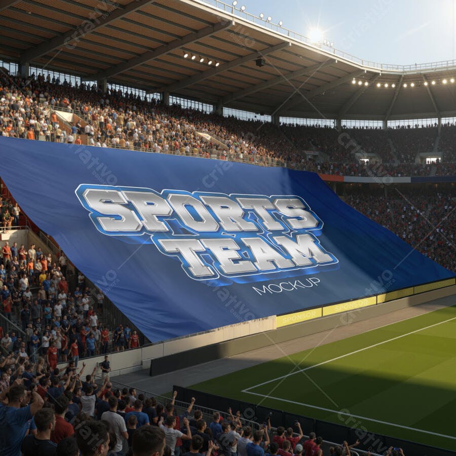Mockup de Banner Promocional em Estádio de Futebol com Torcida e Céu Azul