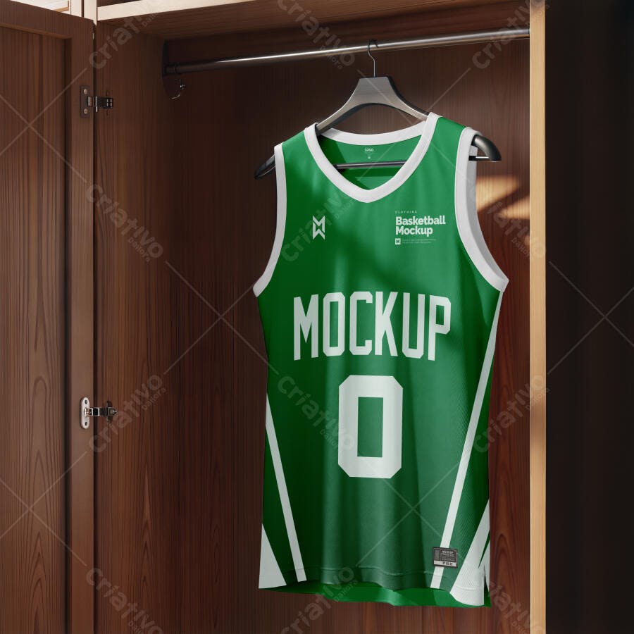Mockup de Camisa de Basquete Verde e Branca em Cabide no Guarda-Roupa Realista
