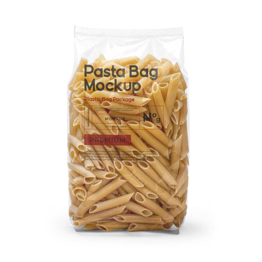 Mockup Realista de Pacote de Massa Penne Transparente para Alimentos