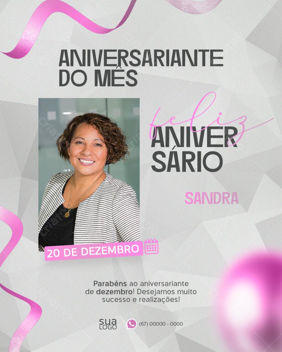 Flyer Aniversariante do Mês Sandra 20 Dezembro PSD Editável