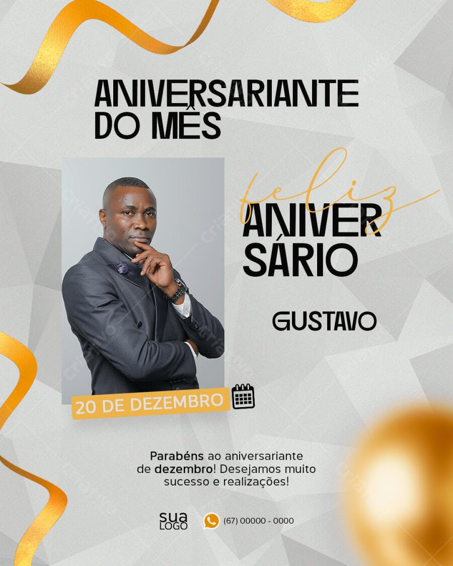Card Aniversariante do Mês Homem Negro Terno Dourado PSD Editável