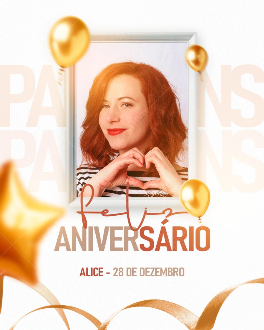 Flyer de Aniversário para Alice com Balões Dourados PSD Editável
