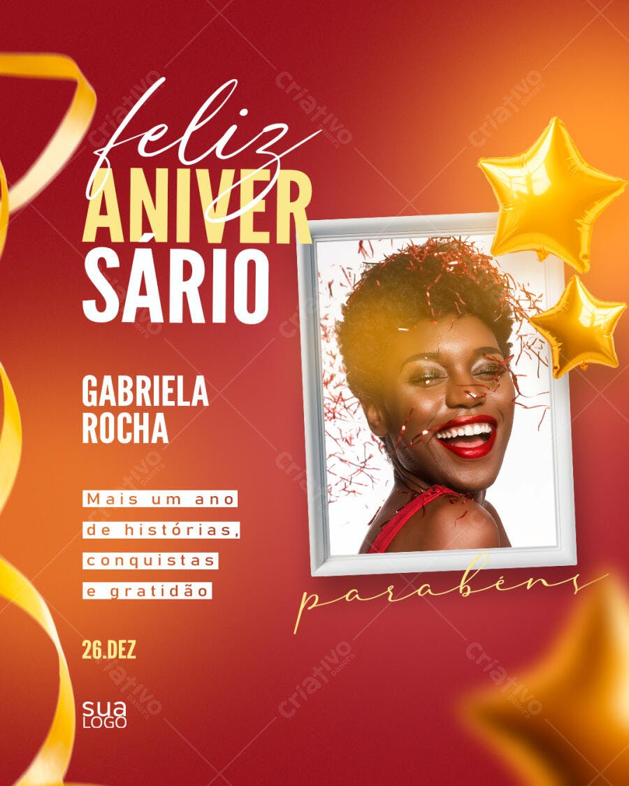 Flyer para Aniversário com Mulher Negra Sorrindo Confetes PSD Editável