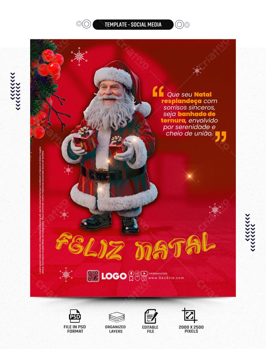 Flyer Natal Papai Noel Boas Festas Vermelho Feliz Natal PSD Editável