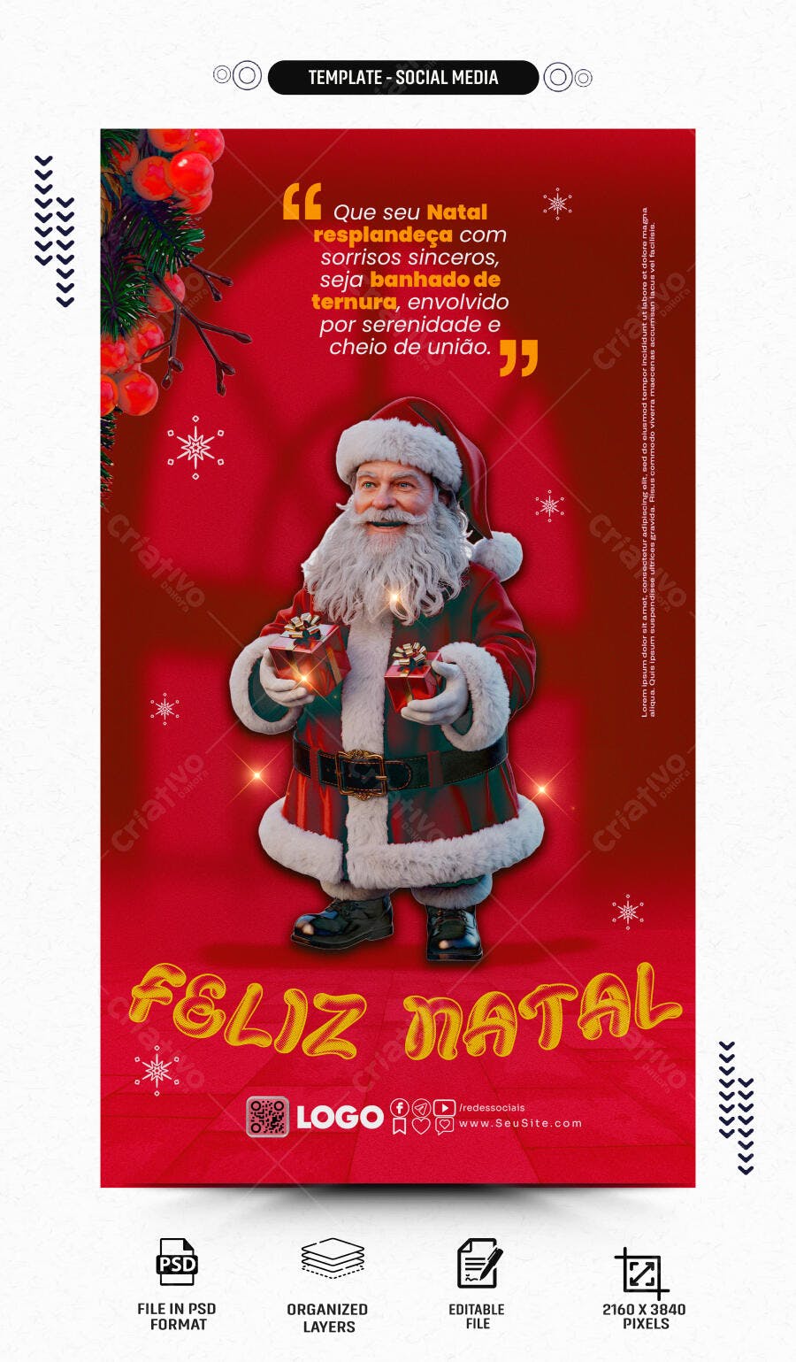 Flyer Natalino com Papai Noel e Mensagem de União PSD Editável