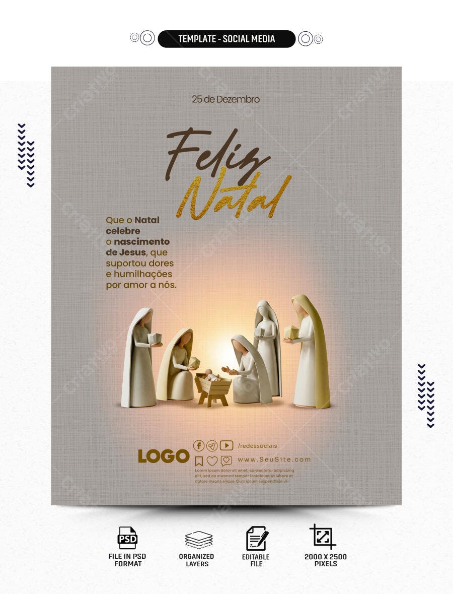 Post para Redes Sociais Feliz Natal Nascimento de Jesus PSD Editável