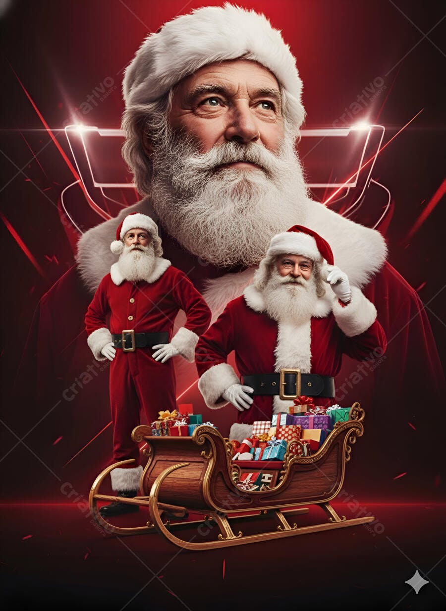 Papai Noel com trenó e presentes sobre fundo vermelho festivo
