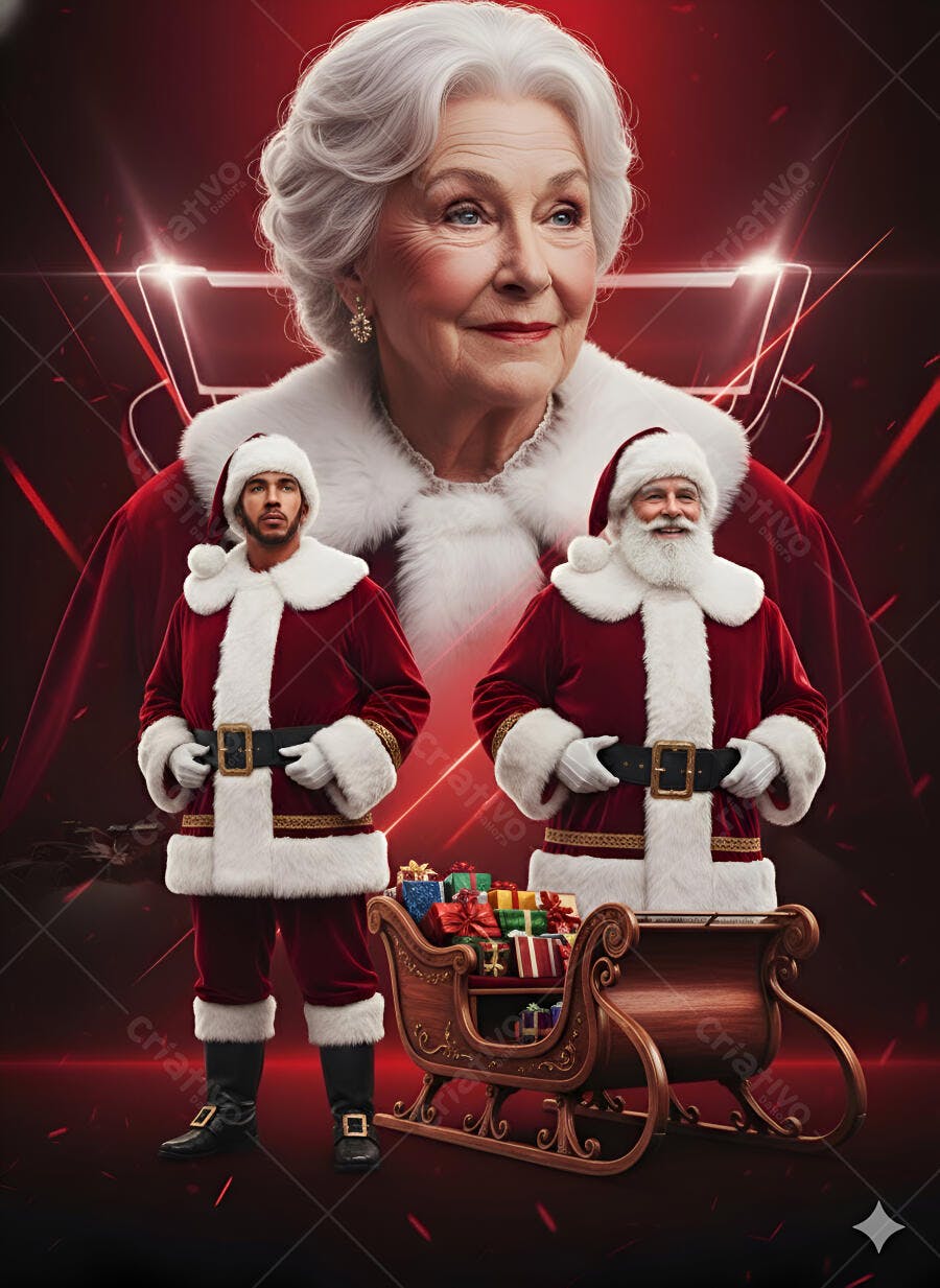 Mamãe Noel e Papais Noéis modernos com trenó e presentes em fundo vermelho festivo
