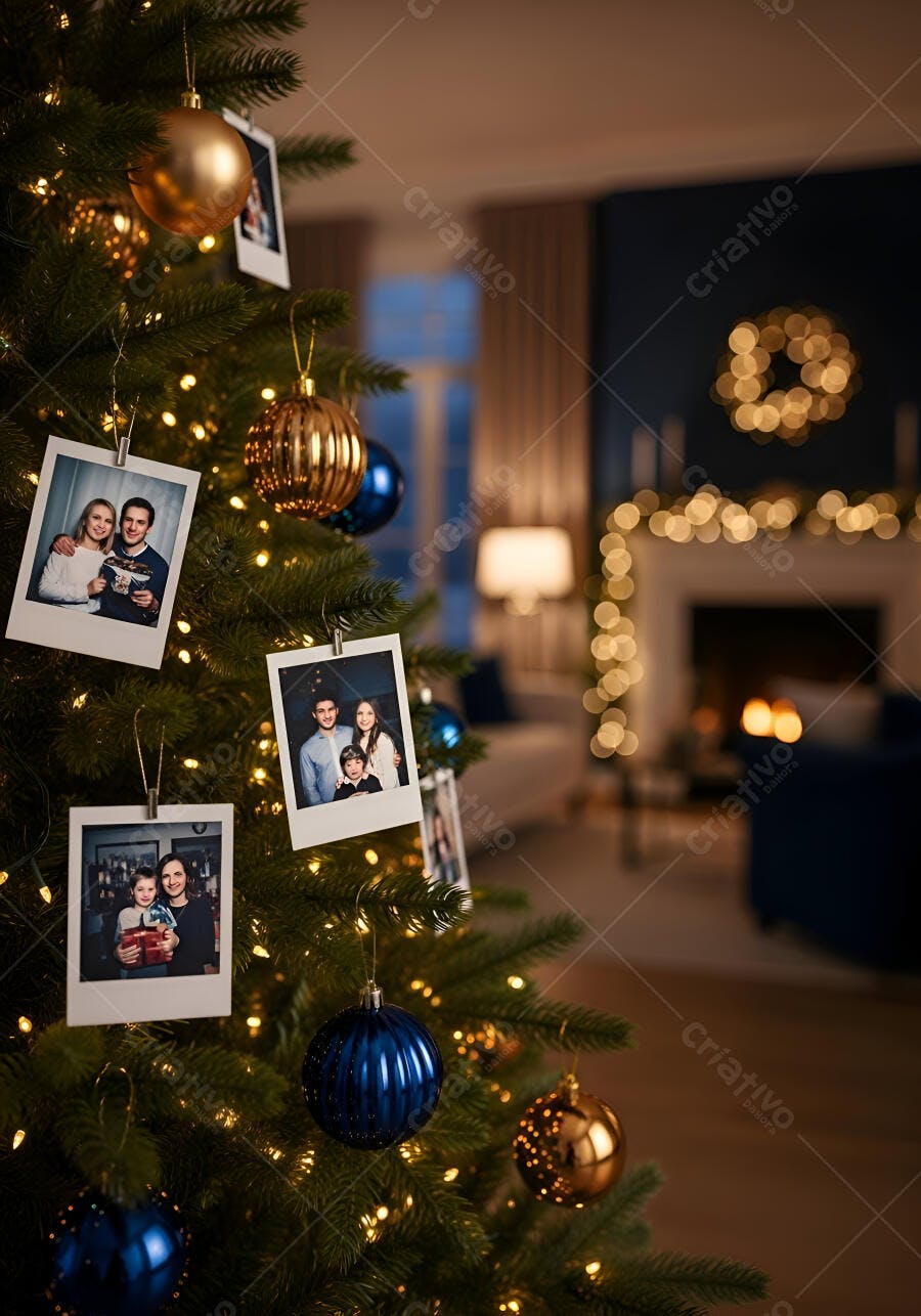 Árvore de Natal verde decorada com luzes fotos de família bolas azuis e douradas sala aconchegante
