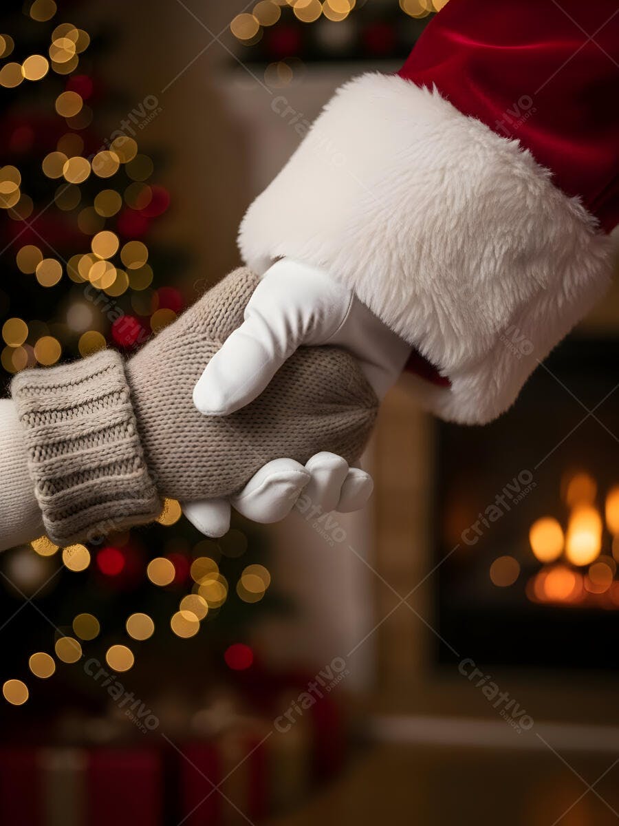 Papai Noel e mão com luva tricotada em aperto de mão natalino