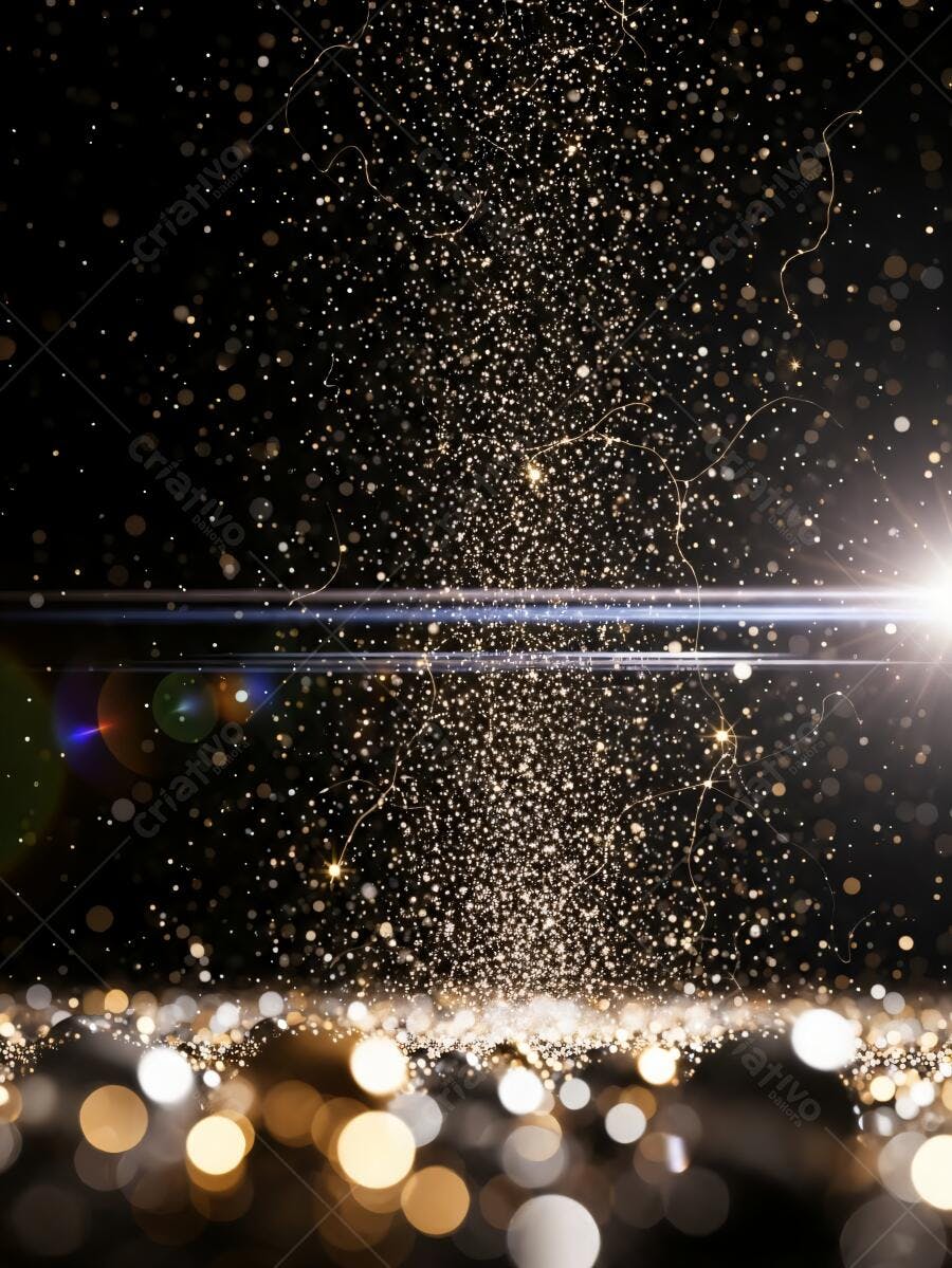 Partículas douradas brilhando em fundo preto com bokeh festivo