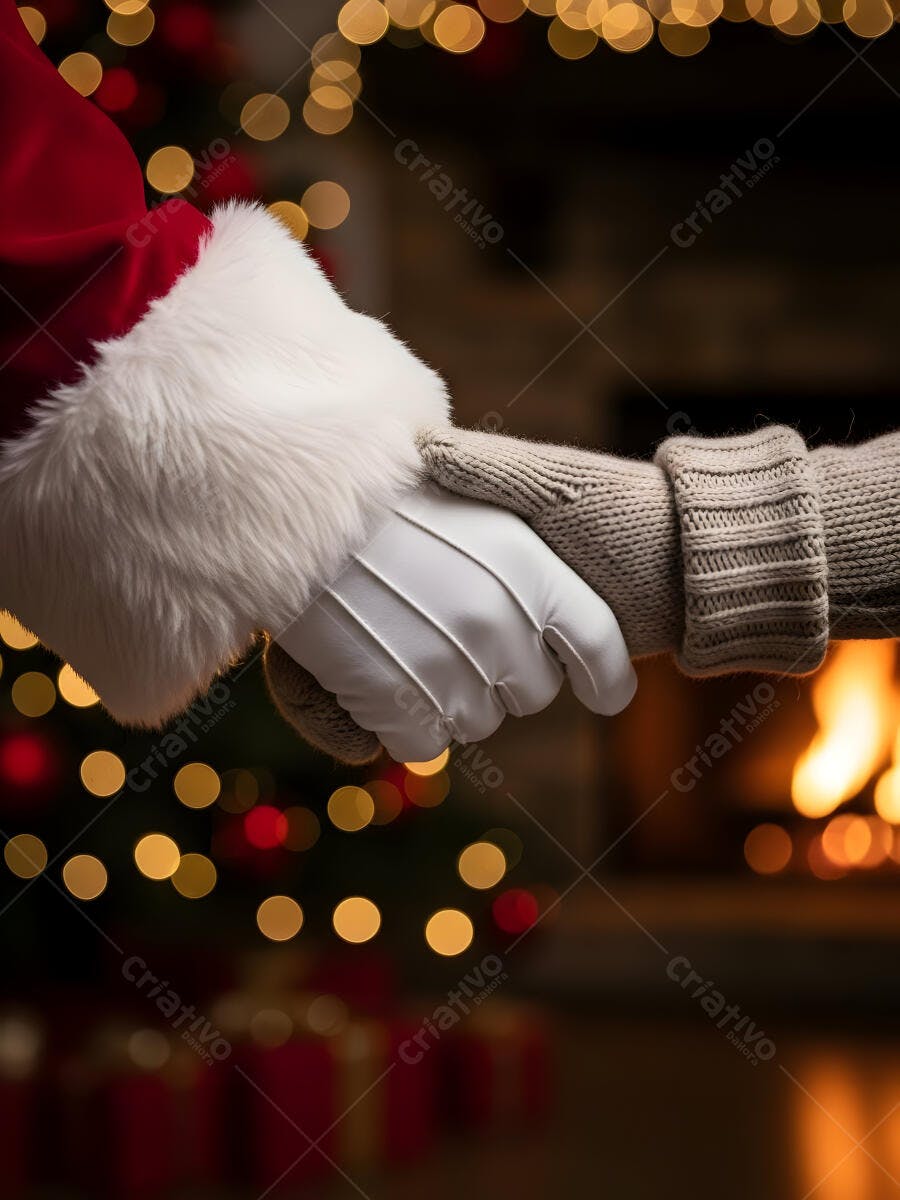 Papai Noel apertando a mão em cena natalina aconchegante com luzes