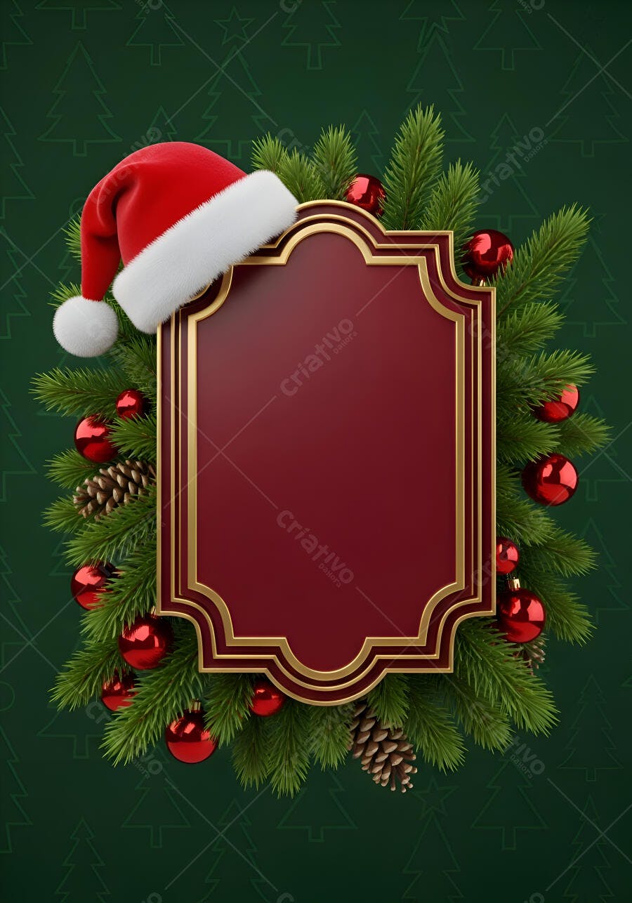 Moldura de Natal vermelha e dourada com gorro de Papai Noel em fundo verde festivo