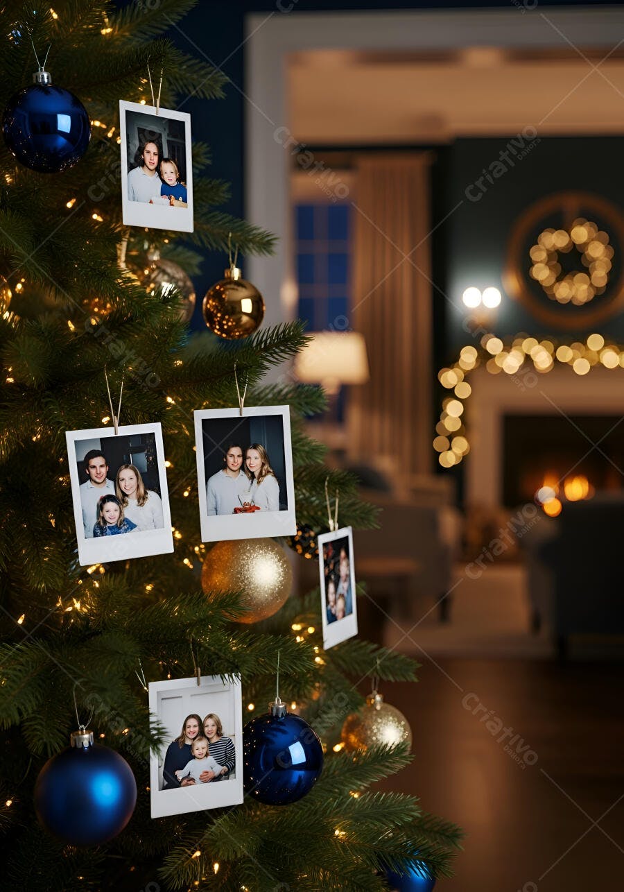 Árvore de Natal com fotos de família e enfeites azuis dourados em casa