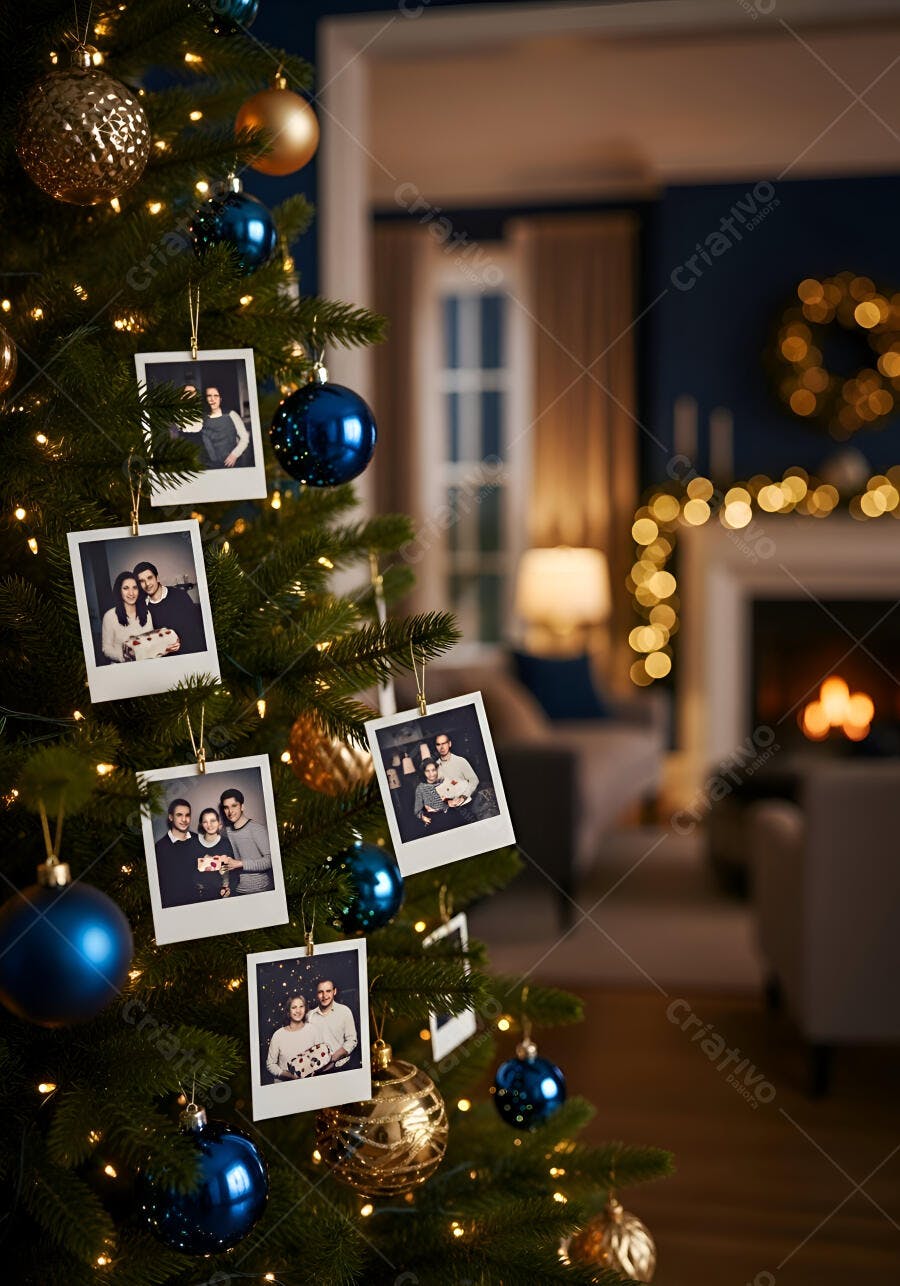 Árvore de Natal verde decorada com fotos de família e bolas azuis douradas em casa aconchegante