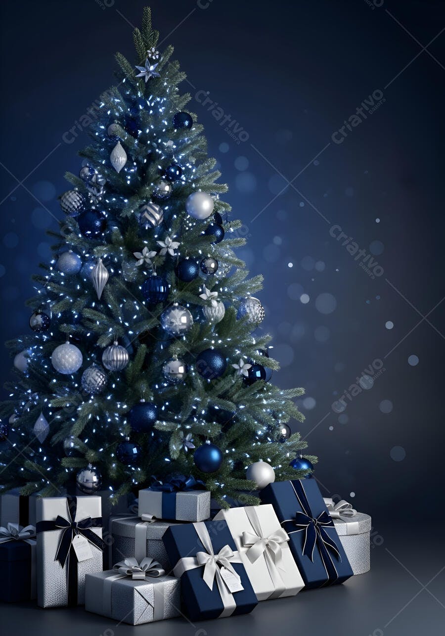 Árvore de Natal verde decorada com azul e prata e presentes luminosos