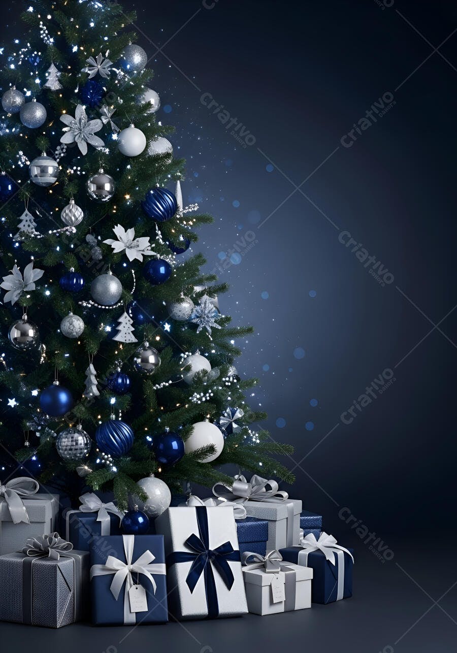 Árvore de Natal elegante com enfeites azuis e prateados e presentes festivos embaixo