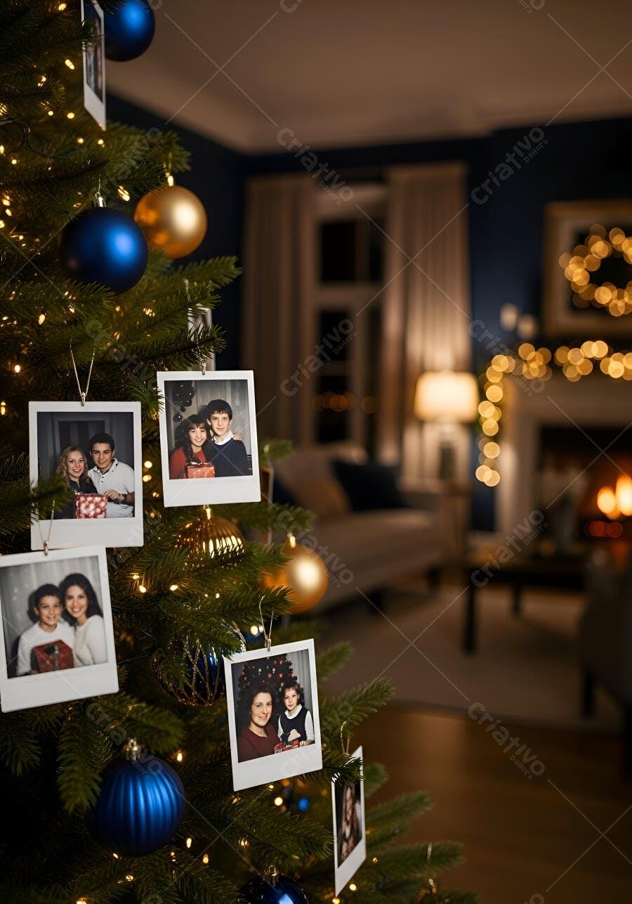 Árvore de Natal decorada com fotos de família e luzes cintilantes