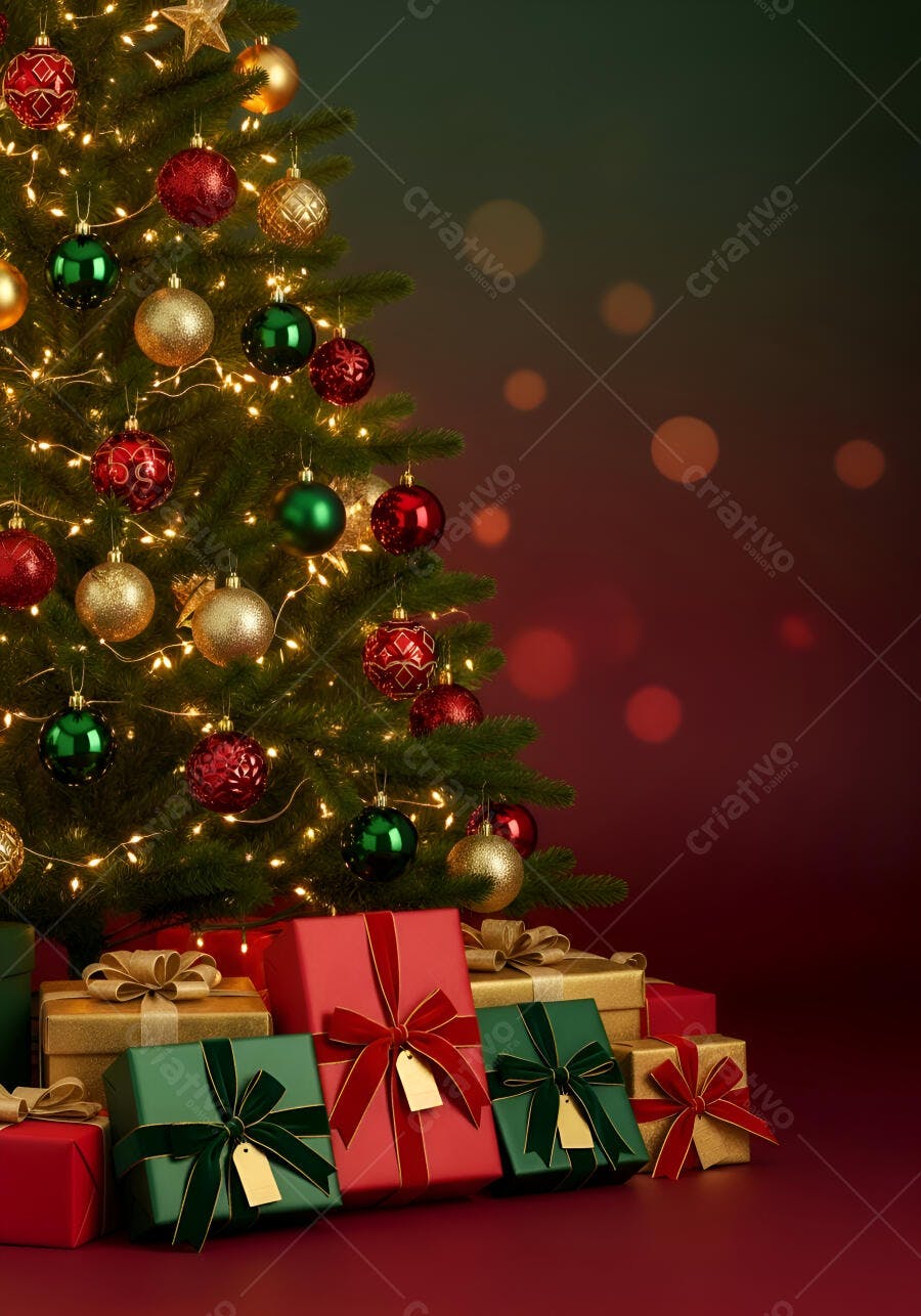 Árvore de Natal verde com enfeites vermelhos e dourados ao lado de presentes
