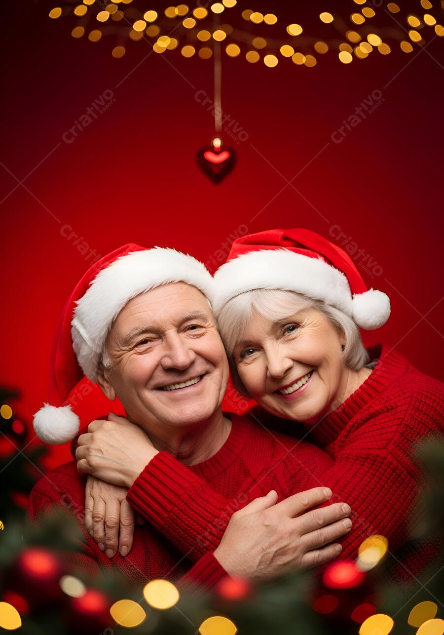 Casal idoso feliz de gorros de Papai Noel e suéteres vermelhos em celebração natalina